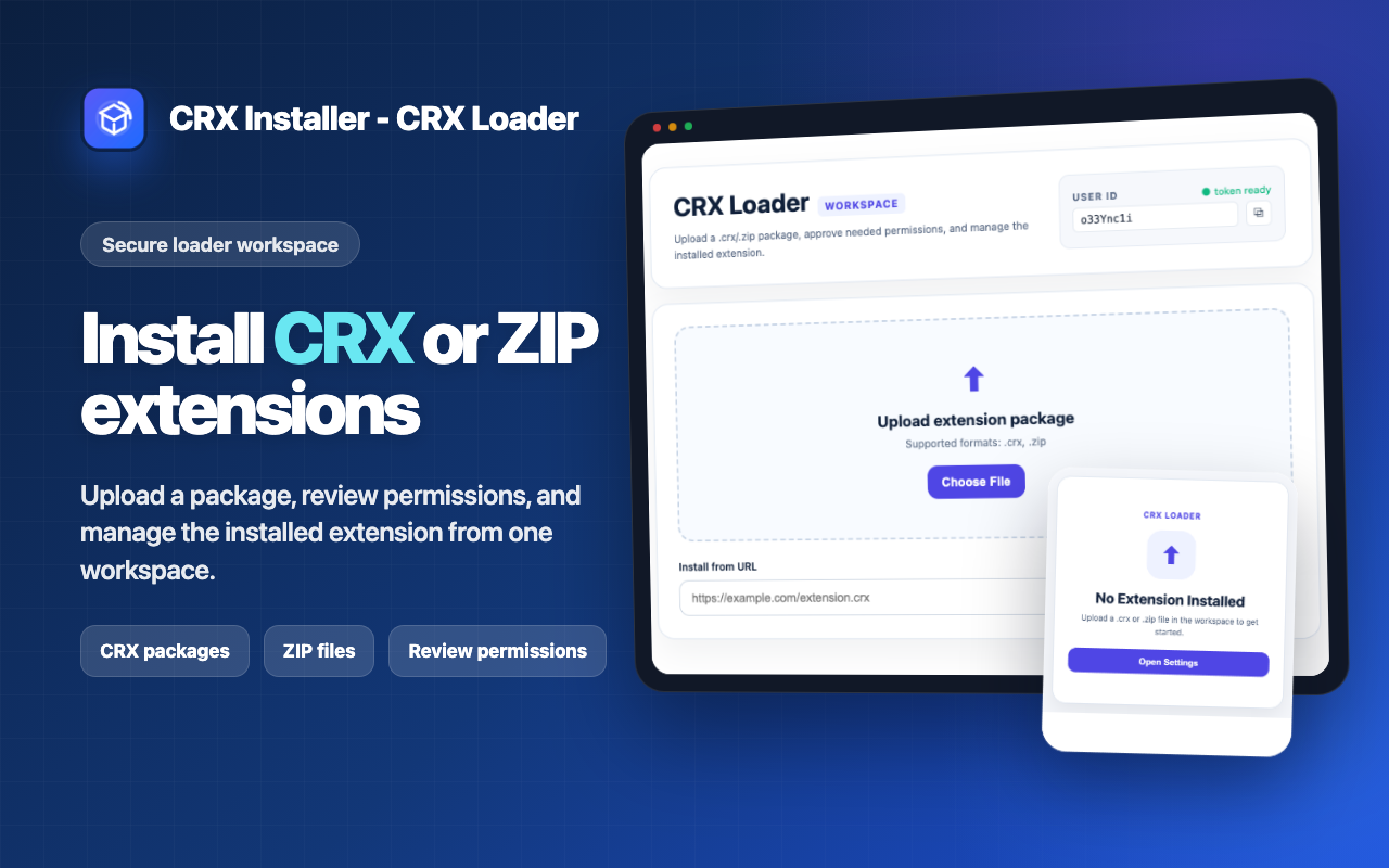 CRX Installer workspace screenshot for managing Chrome extension packages