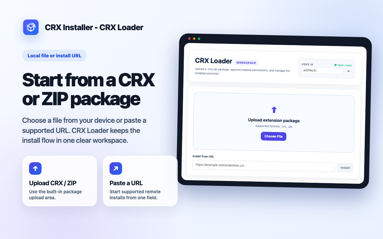 CRX Installer workspace screenshot for managing Chrome extension packages