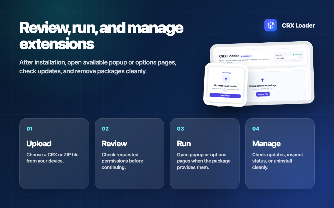 CRX Installer workspace screenshot for managing Chrome extension packages